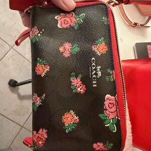Coach Brown Wristlet with Pink and Green Floral Design